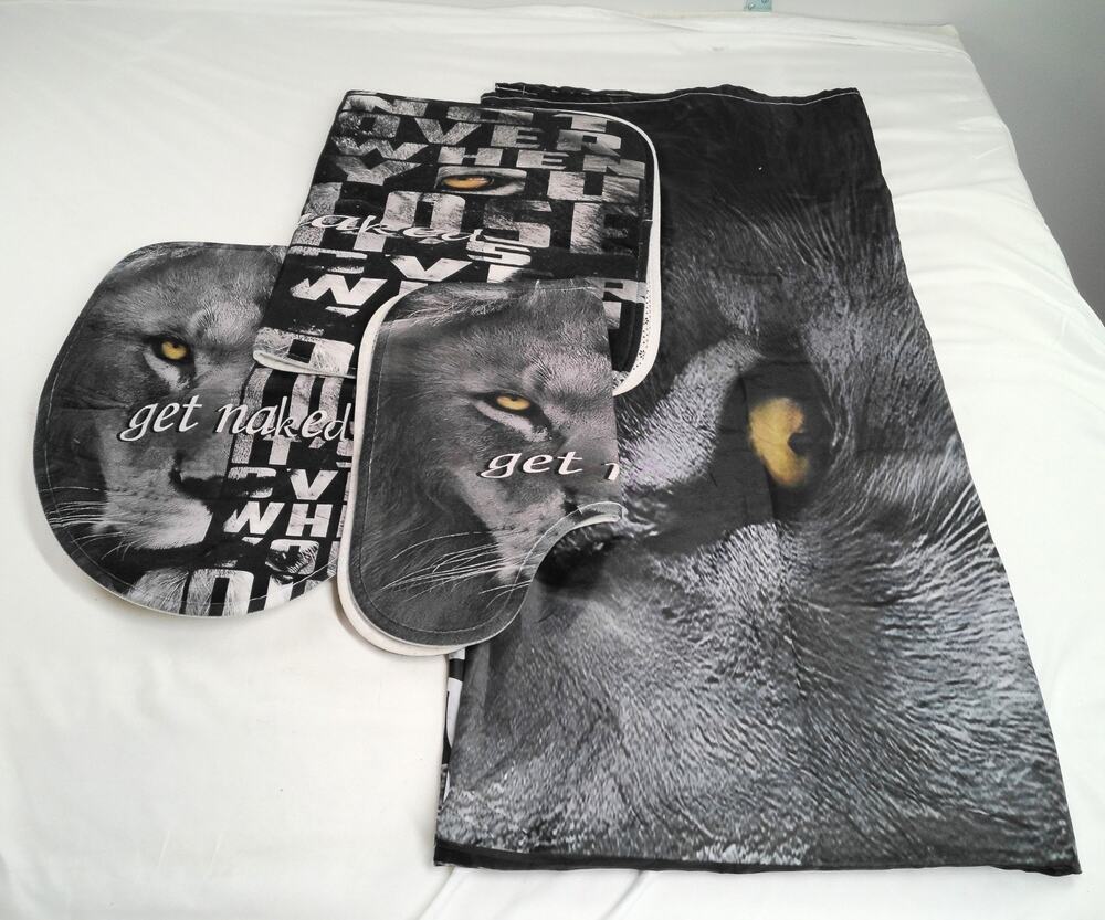 Lion Bathroom Set Lot Shower Curtain Bath Mat Rug Toilet Lid Cover “Get Naked”